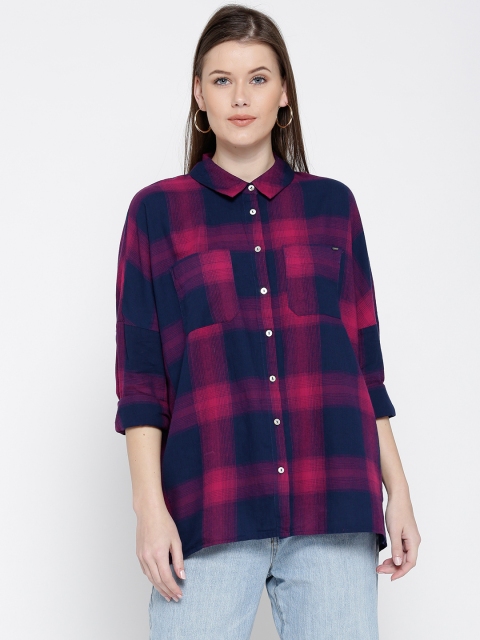 

ONLY Women Navy Blue & Pink Regular Fit Checked Casual Shirt