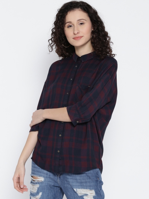 

ONLY Women Navy Blue & Burgundy Styled Back Top