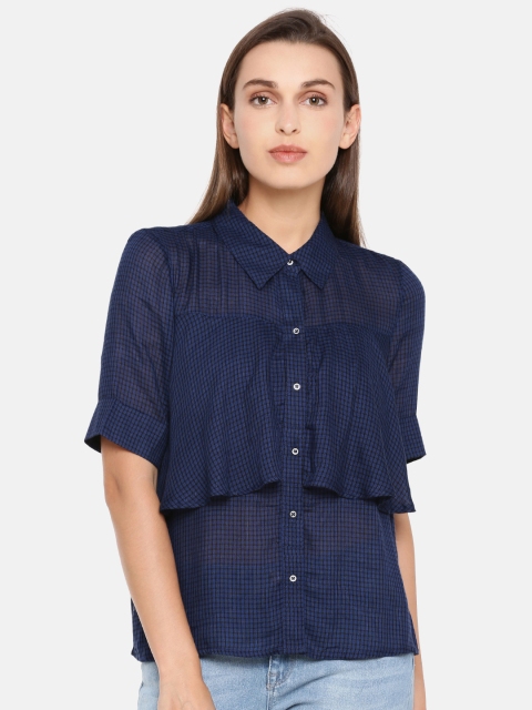 

ONLY Women Blue & Black Checked Layered Shirt Style Top