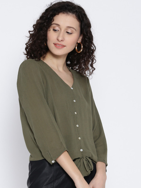 

ONLY Women Olive Green Solid Shirt Style Top