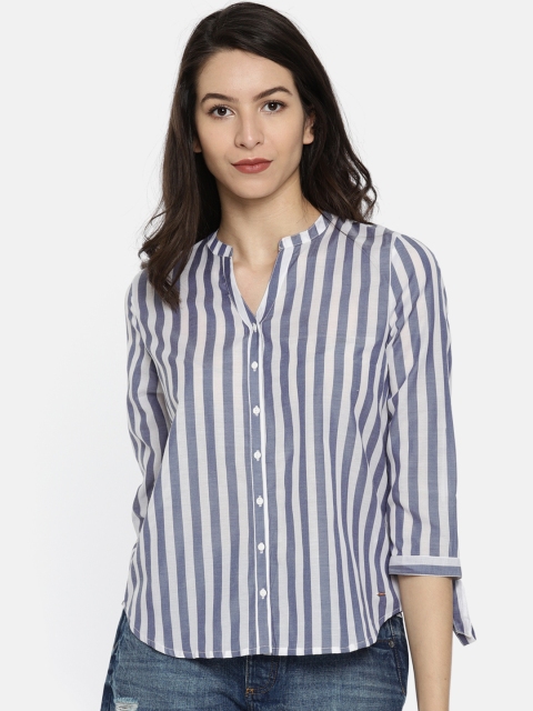 

ONLY Women White & Blue Regular Fit Striped Shirt