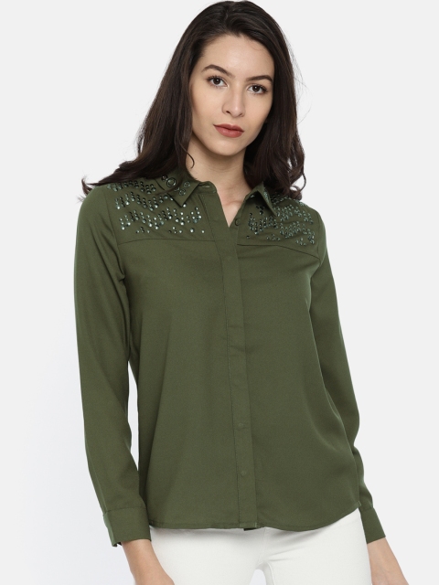 

ONLY Women Olive Green Regular Fit Solid Casual Shirt