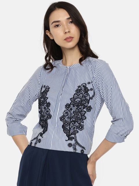 

ONLY Women Blue & White Striped Embroidered Shirt Style Top