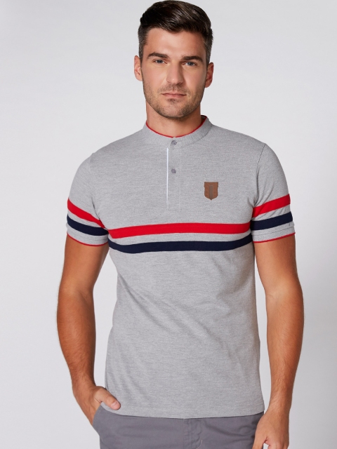 

Splash Men Grey Melange Striped Mandarin Collar T-shirt