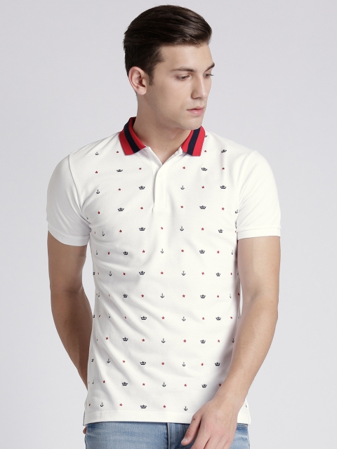 

Splash Men White Embroidered Polo Collar T-shirt