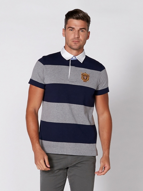 

Splash Men Grey Melange & Navy Striped Polo Collar T-shirt