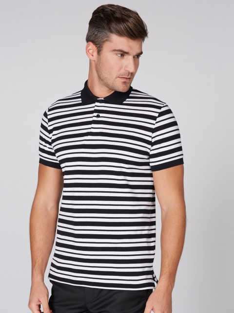 

Splash Men Black & White Striped Polo Collar T-shirt