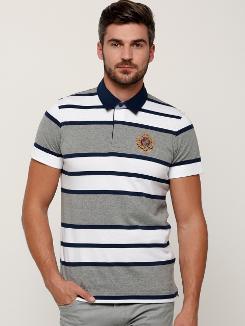 

Splash Men White & Grey Melange Striped Polo Collar T-shirt