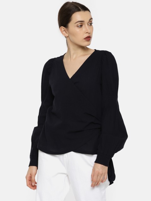 

Vero Moda Women Navy Blue Solid Wrap Pure Cotton Top