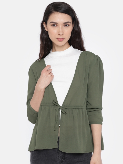 

Vero Moda Women Olive Green Solid Tie-Up Shrug