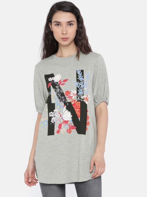 

Vero Moda Women Grey Melange Printed Longline Top