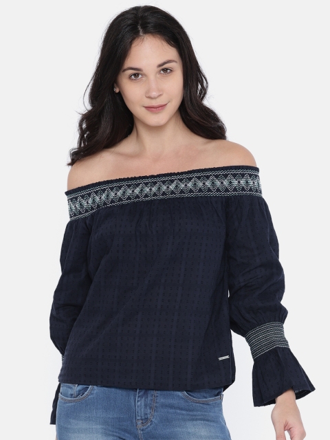 

Vero Moda Women Navy Blue Self Design Bardot Pure Cotton Top