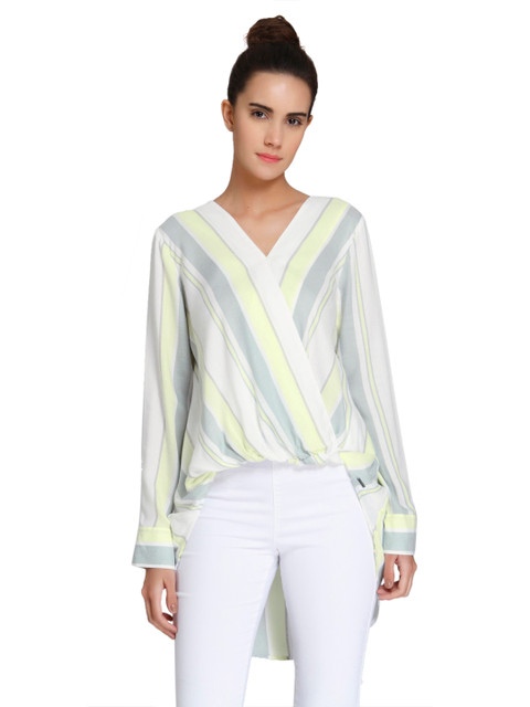

Vero Moda Women White & Grey Striped Wrap Top