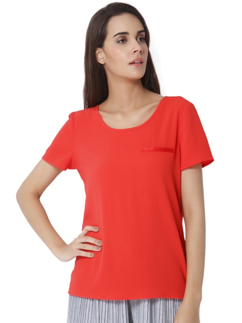

Vero Moda Women Coral Red Solid Round Neck T-shirt