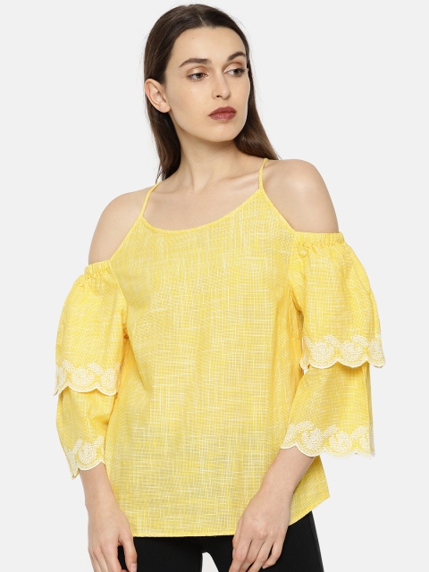 

Vero Moda Women Yellow Checked Cold-Shoulder Pure Cotton Top