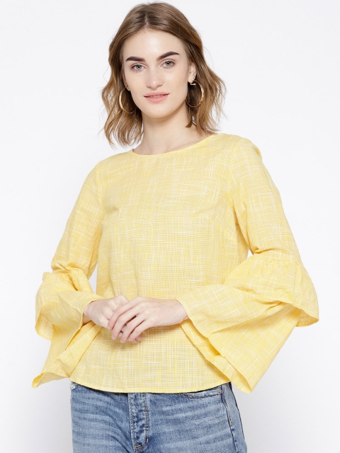 

Vero Moda Women Yellow & White Self-Checked Pure Cotton Top