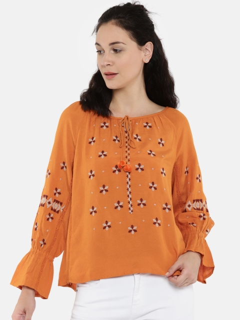 

ONLY Women Orange Self Design Top