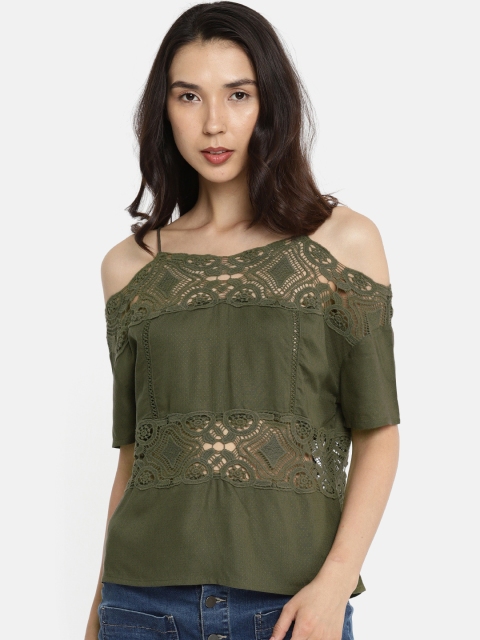 

ONLY Women Olive Green Self design Semi-Sheer Top
