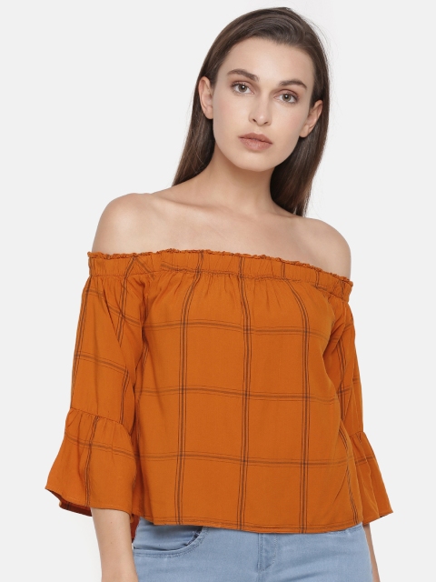 

ONLY Women Orange Checked Bardot Top