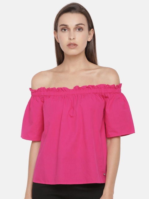 

ONLY Women Pink Solid Bardot Pure Cotton Top