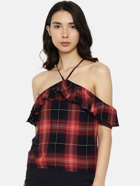 

ONLY Women Red & Navy Blue Checked Top