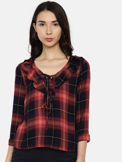 

ONLY Women Red & Navy Blue Checked Top