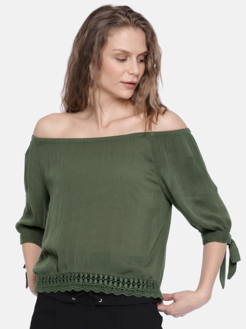 

ONLY Women Olive Green Solid Off-shoulder Bardot Top
