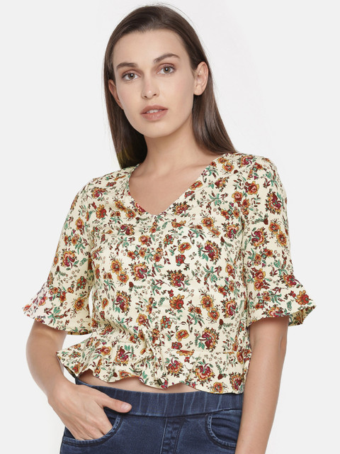 

ONLY Women Cream-Coloured & Red Printed Top