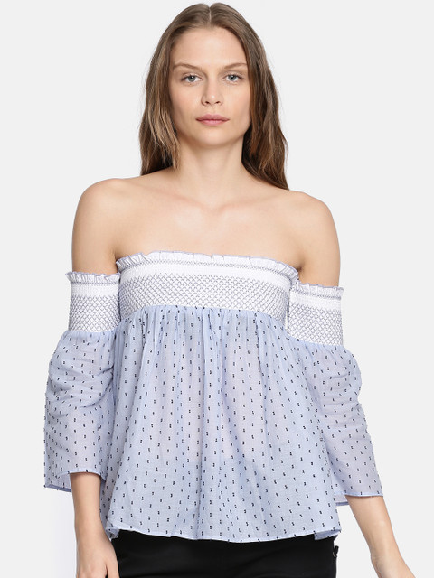

ONLY Women Blue Self Design Bardot Top