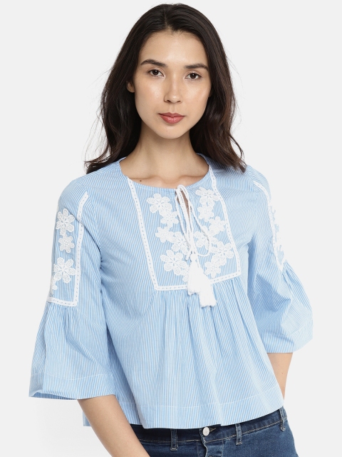 

ONLY Women Blue Striped Embroidered Top