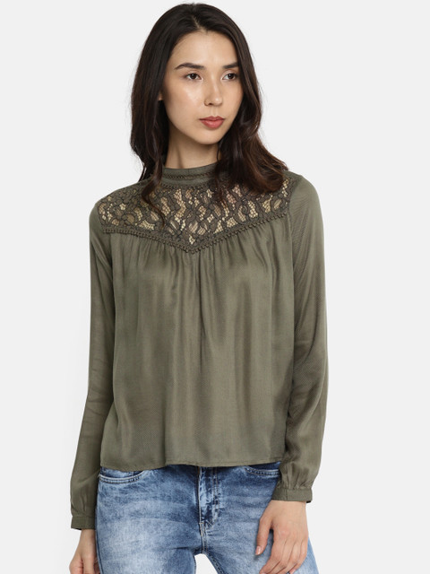 

ONLY Women Olive Self-Design High-Low Top