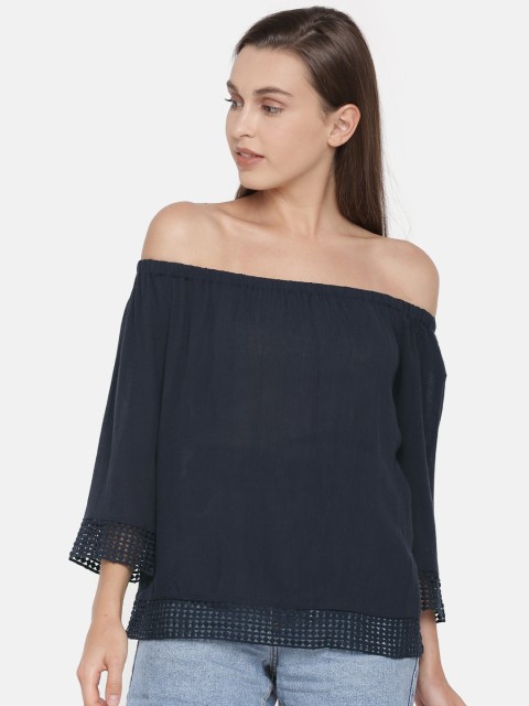 

ONLY Women Navy Solid Bardot Top, Navy blue