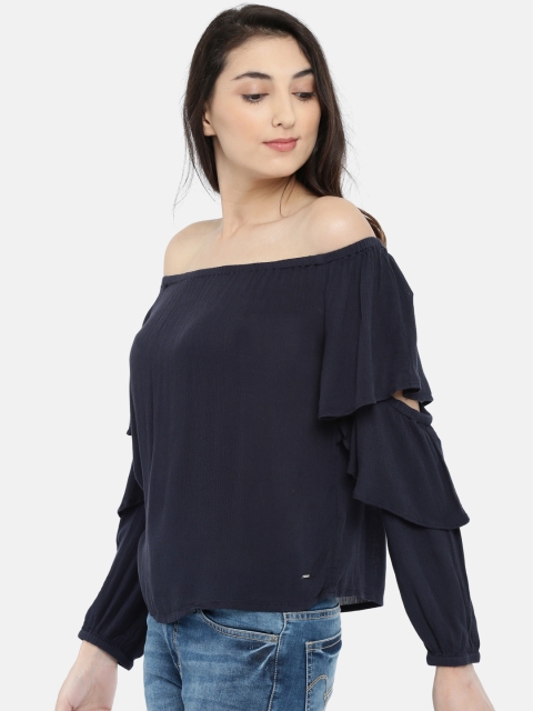 

ONLY Women Navy Solid Bardot Top, Navy blue