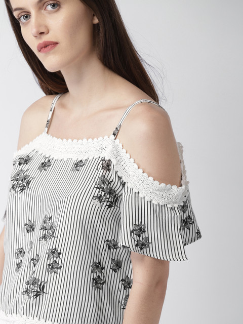 

Mast & Harbour Women White & Black Striped Cold-Shoulder Top