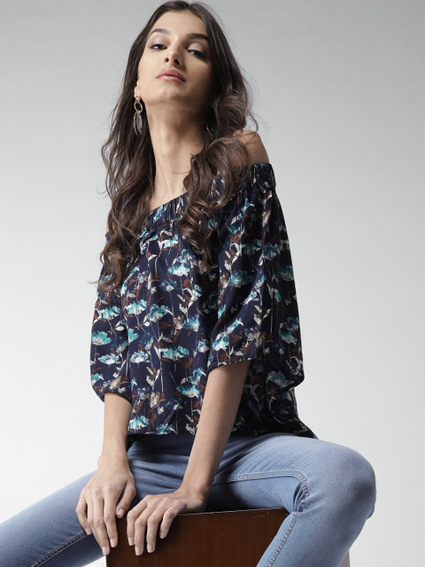 

Mast & Harbour Women Navy Blue Printed Bardot Top