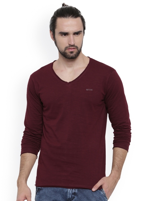 

WITH Men Maroon Solid V-Neck T-shirt