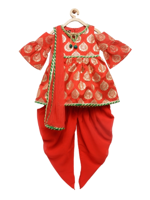 

pspeaches Girls Red & Printed Kurta with Dhoti Pants & Dupatta