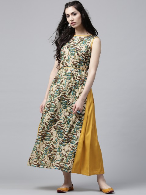 

AKS Women Yellow & Brown Printed Maxi Dress