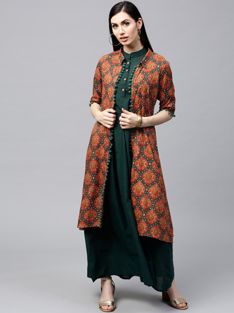 

AKS Women Orange & Teal Green Printed Longline Open Front Jacket