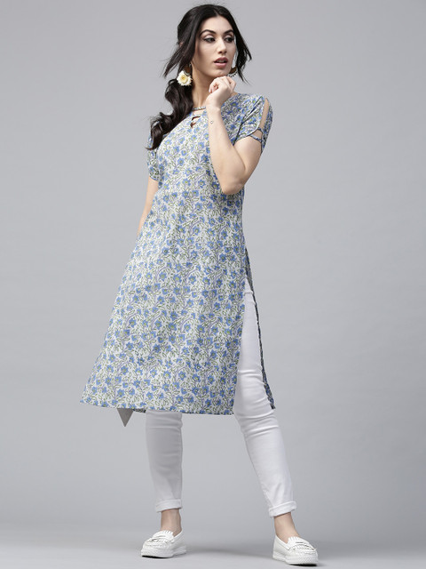 

AKS Women Grey & Blue Printed Straight Kurta
