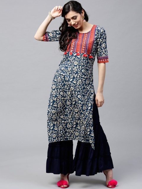 

AKS Women Navy Printed Straight Kurta, Navy blue