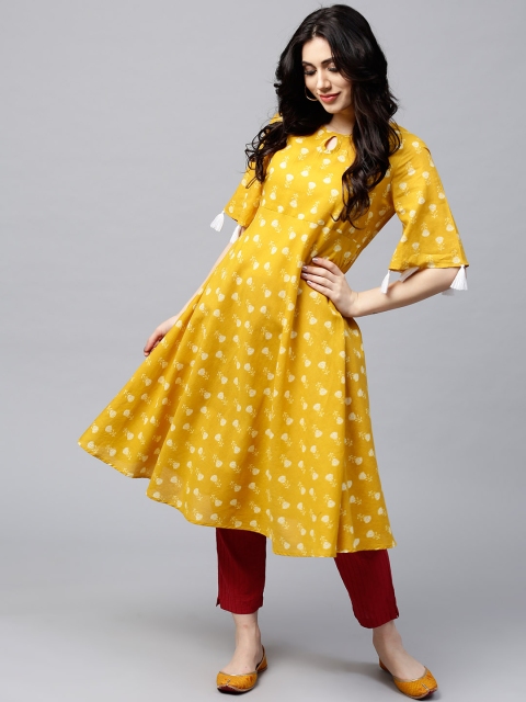 

AKS Women Mustard Yellow & Off-White Printed Anarkali Kurta