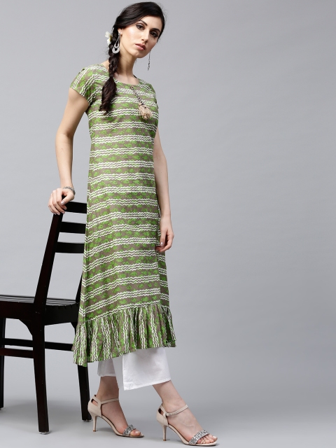 

AKS Women Green & Grey Striped A-Line Kurta