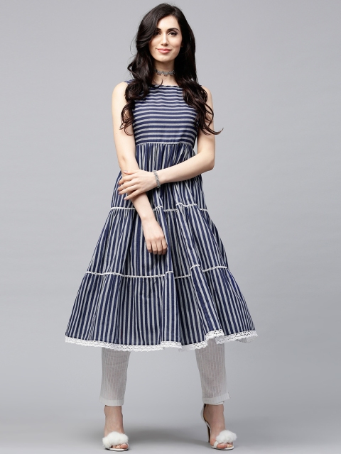 

AKS Women Navy & White Striped Anarkali Kurta, Navy blue
