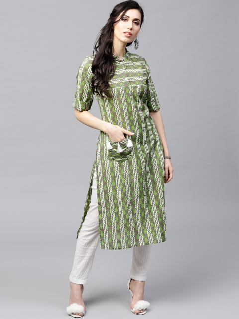 

AKS Women Green & Grey Printed Straight Kurta