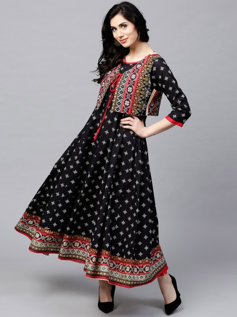

AKS Women Black & Off-White Printed Anarkali Kurta with Ethnic Waistcoat