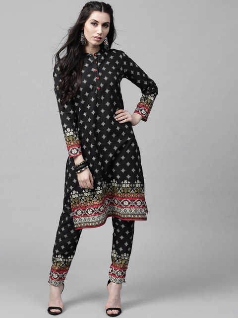 

AKS Women Black & Off-White Printed Kurta with Trousers