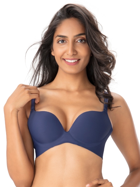 

PrettySecrets Navy Blue Solid Non-Wired Lightly Padded Plunge Bra