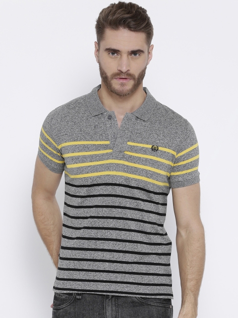 

Duke Men Grey & Yellow Striped Polo Collar T-shirt