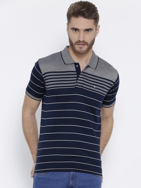 

Duke Men Navy Blue & Grey Striped Polo Collar T-shirt